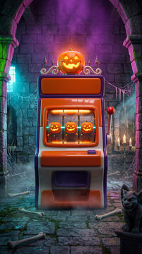 Halloween pumpkin slot machine with three glowing jack-o&rsquo;-lanterns in a haunted stone dungeon, purple neon light, cobwebs, bones and gargoyle, vertical 3D spooky game backdrop wallpaper