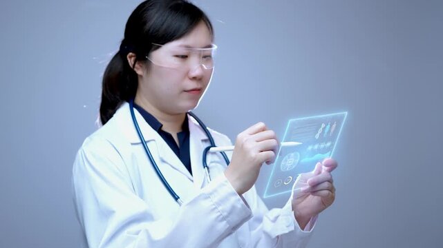 Asian female doctor using digital stylus pen on futuristic holographic interface screen in laboratory