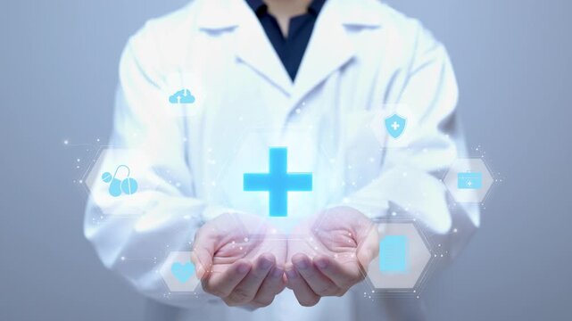 Medical professional holding floating digital healthcare interface hologram in hands for telehealth diagnostics and patient data management technology