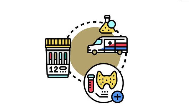 Medical icons a rapid test kit for detecting antibodies, emphasizing quick diagnosis, health screening, and emergency vehicle transport within the healthcare system