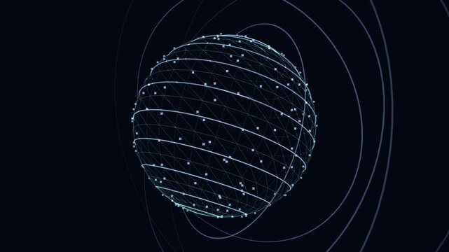 Abstract 3D glowing wireframe sphere and tech globe rotating continuously on a dark background, frame-by-frame deterministic rendering for stock video.
