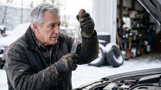 Senior mechanic checking car battery electrolyte level with hydrometer in snowy garage