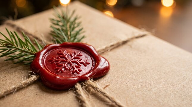 Red wax seal with snowflake on kraft paper package with spruce twig decor