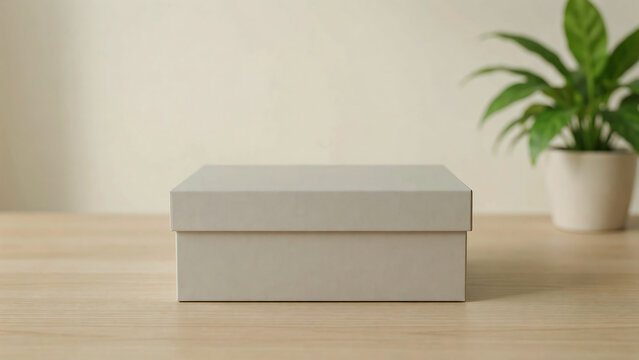 A closed rectangular white cardboard box sitting on a light wooden table with a blurred green plant in a white pot in the background, against a neutral wall