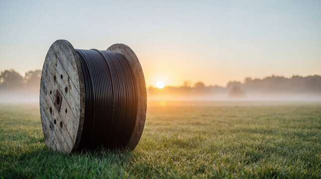 Large wooden cable drum wound with black cable standing in a misty green meadow at sunrise with copy space