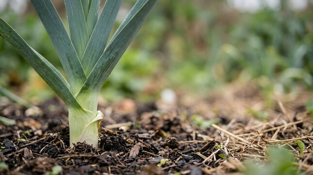 Single leek plant growing in rich soil with dry straw mulch vegetable garden