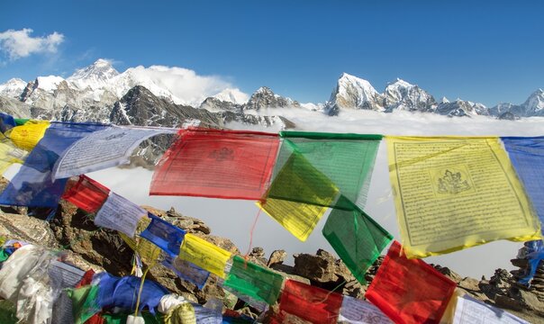 Mount Everest with prayer flags Nepal Himalaya mountain