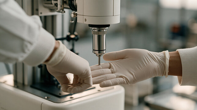 Automated laboratory equipment testing the elasticity of biodegradable medical gloves, medical consumables, polymer characterization, healthcare safety, biodegradable materials,