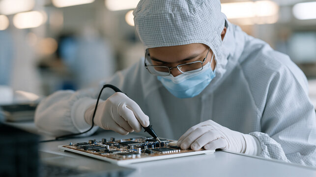 Industrial safety specialist measuring electrostatic discharge risks in electronics assembly areas, electrostatic control, semiconductor manufacturing, workplace safety, sensitive