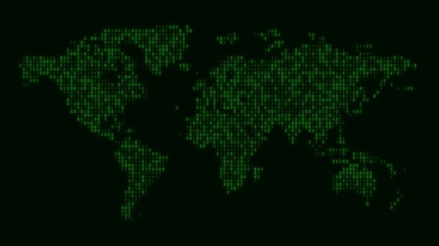 Digital world map motion background composed of glowing green binary code on a dark background. Ideal for cybersecurity, global networks, data technology and internet communication projects. 
