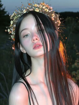 Hair Skincare commercial advertisement. Sleek straight dark hair young girl with green eyes, with floral crown with flawless glowing hydrated skin for lotion makeup aesthetic ad. mov HD motion
