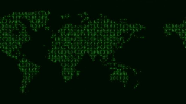 Scrolling digital world map background composed of glowing green binary code on a dark background. Ideal for cybersecurity, global networks, data technology and internet communication projects. 