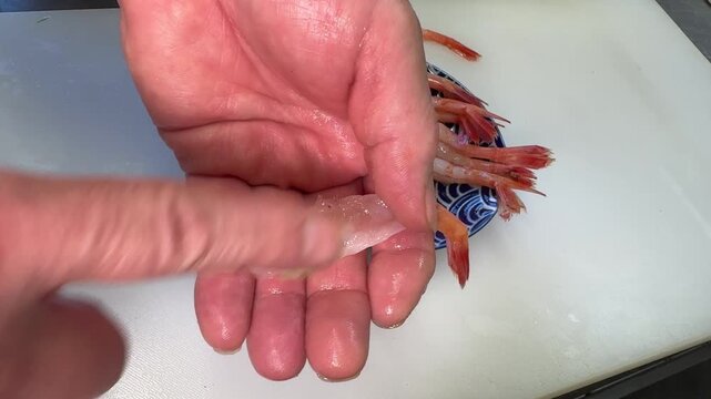 Japanese Food: Chef Hands Making Sweet Shrimp Nigiri Sushi, Overhead View