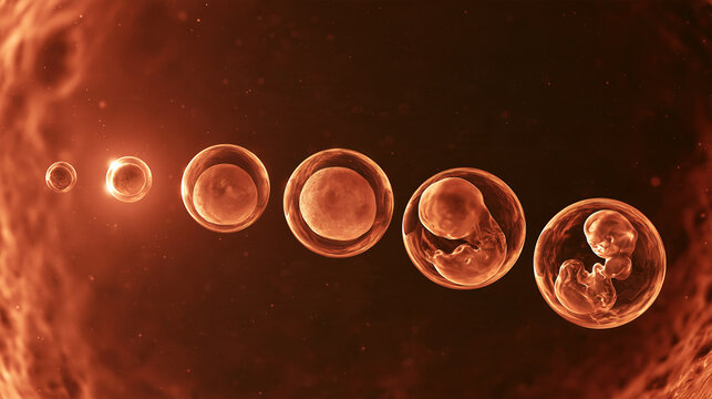 Microscopic view of human embryo development stages from cell division to fetus. Ideal for medical research and educational presentations.