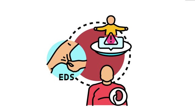 Illustration depicting a person interacting with a medical warning symbol, a human stretching skin from ehlers danlos syndrome, and an internal organ affected by a rare disorder