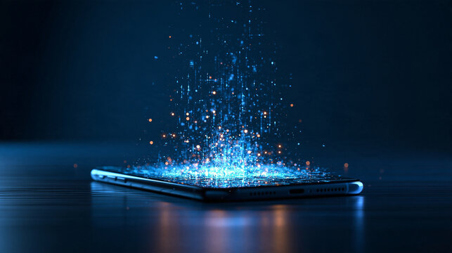A modern smartphone emits bright glowing digital data particles upward in dark lighting. This futuristic concept image works well for technology and mobile data ads.