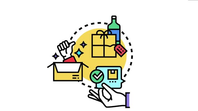 Product rate card concept pricing and value, featuring items like a gift and bottle, with a hand giving a thumbs up from an open box and another hand holding a confirmed order icon