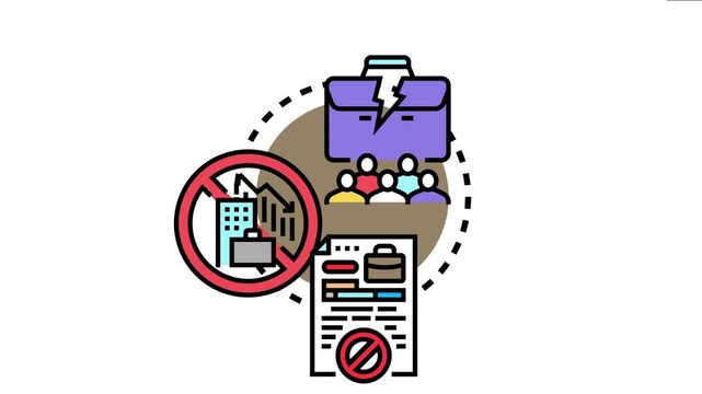 Icon concept of unemployment rate impacting people, showing decreasing business activity, job loss, economic downturn, hiring freeze, and financial instability causing a broken briefcase
