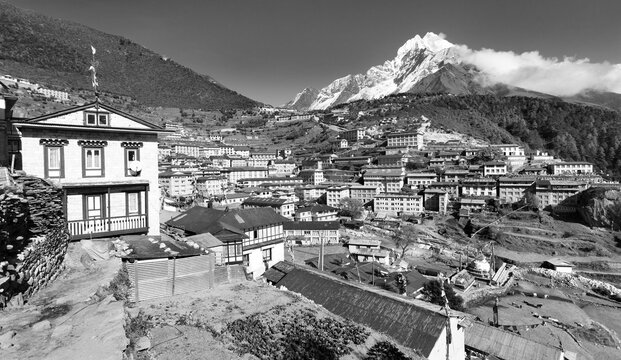Namche Bazar Nepal Himalaya mountain black and white