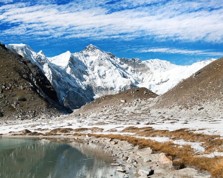 Mount Cho Oyu, blue lake near Gokyo village