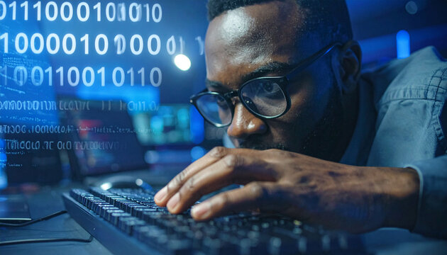 Focused Coder: A determined man with glasses intently works on a computer keyboard, surrounded by glowing digital data and code, symbolizing dedication to programming and technology.
