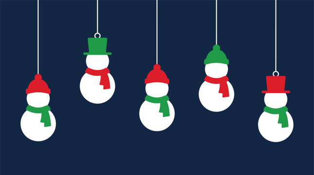 Christmas Background festive winter holiday wallpaper design featuring repeating hanging white snowman ornaments wearing colorful hats and scarves dangling from vertical str Vector