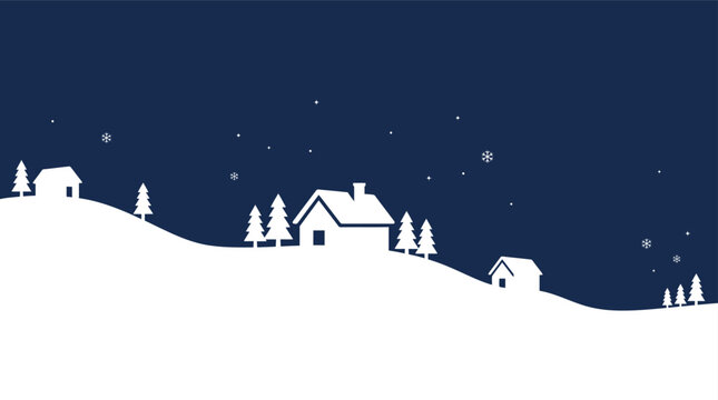 Christmas Background winter wonderland landscape scene featuring snowy hills cozy small houses pine trees and tiny falling snowflakes against a dark blue starry night sky Vector