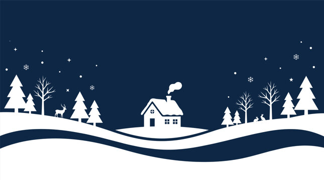 Christmas Background festive winter wonderland landscape scene featuring a snowy cottage pine trees a deer tiny rabbits and falling snowflakes against a dark blue starry sky Vector