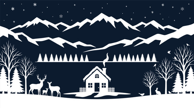 Christmas Background winter wonderland landscape scene featuring a snowy cabin pine trees deer rabbits and majestic mountains against a dark starry night sky Vector