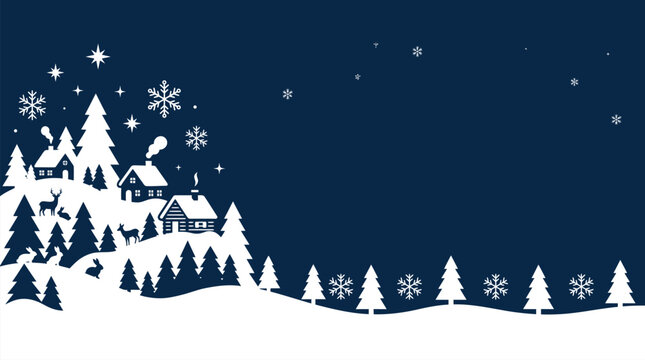 Christmas Background festive winter landscape scene featuring a snowy village with cozy houses pine trees deer rabbits and falling snowflakes against a dark blue starry nigh Vector
