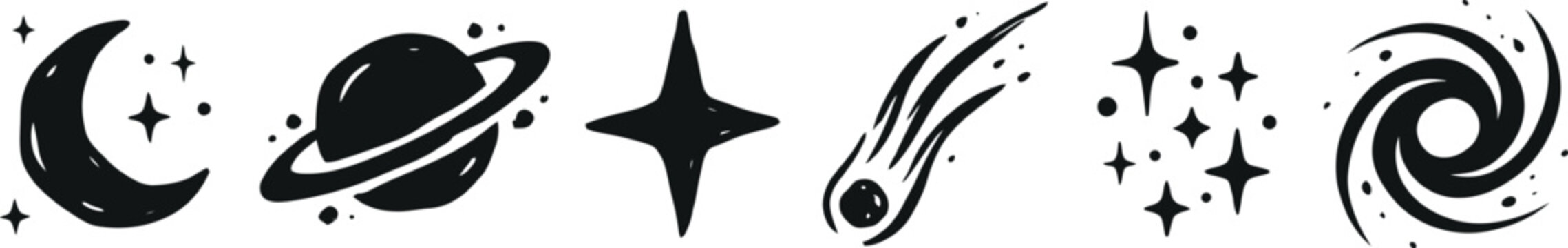 Set of hand drawn space elements featuring moon planet and stars astronomy universe crescent collection