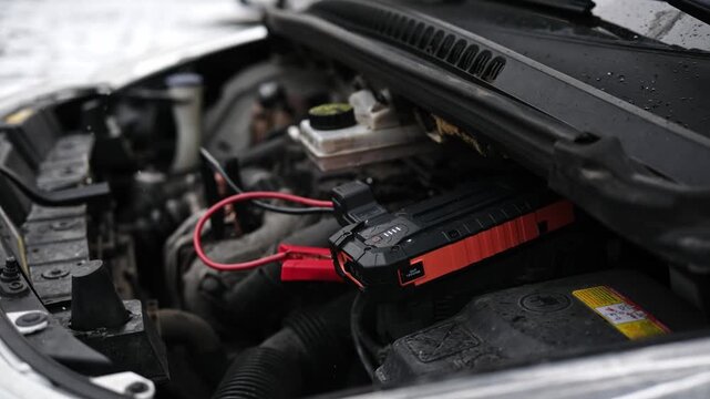 Connecting A Portable Jump Starter Battery Device To An Engine With A Low Battery Supplies Diesel Engine Start