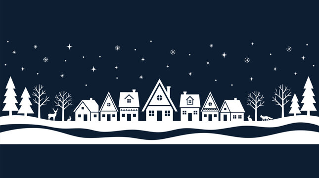 Christmas Background festive winter wonderland landscape scene featuring a snowy village with cozy houses pine trees deer rabbits and falling snowflakes against a dark blue Vector