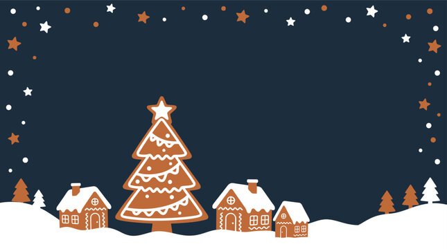 Christmas Background festive winter holiday wallpaper design featuring a charming gingerbread village with decorated houses and a large pine tree under a starry night sky Vector