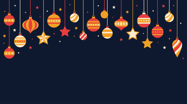 Christmas Background festive holiday wallpaper design featuring hanging ornaments baubles and stars on a dark blue night sky Vector