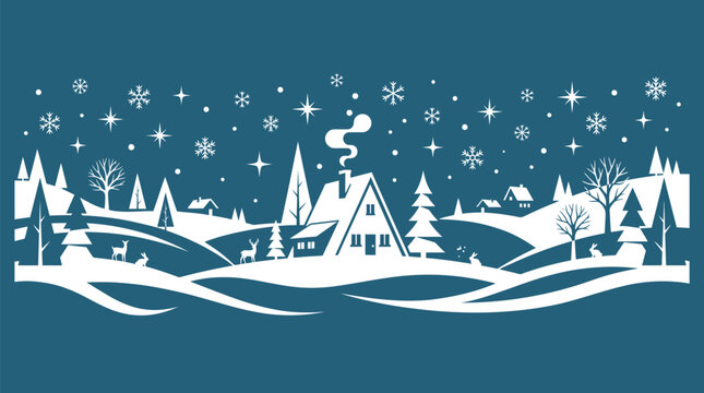 Christmas Background festive winter wonderland landscape featuring a charming snowy village with cozy cabins pine trees deer and falling snowflakes against a dark blue starr Vector