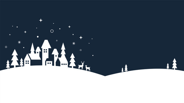 Christmas Background festive winter holiday wallpaper design featuring a charming snowy village with cozy houses pine trees and deers set against a dark starry night sky Vector