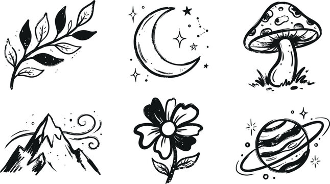 Whimsical collection of nature and space themed hand drawn sketches