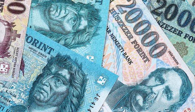 Hungarian forint money bills in pile on table. Hungary HUF currency cash close up