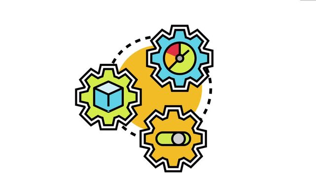 System configuration process showing interacting gears with icons for settings, components, and toggles, preparation for customization and data management