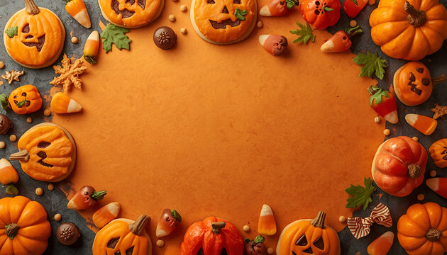 Halloween background with frame of pumpkins jack o lanterns cookies candy corn lantern flat lay copy space
