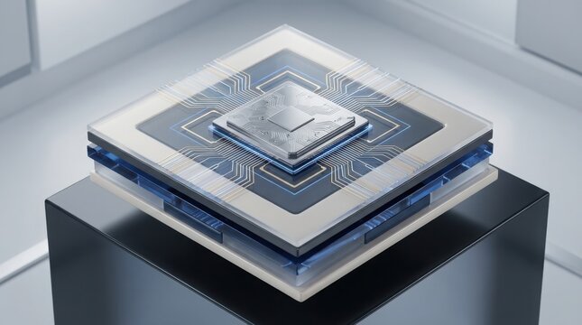 Microprocessor chip stacked on circuit board with transparent cover on black platform
