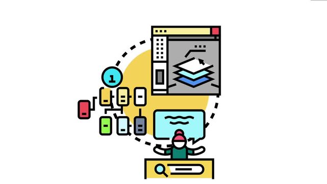 User interacting with a digital interface, managing stacked layers for a template library, connecting to different digital devices and a search bar for content