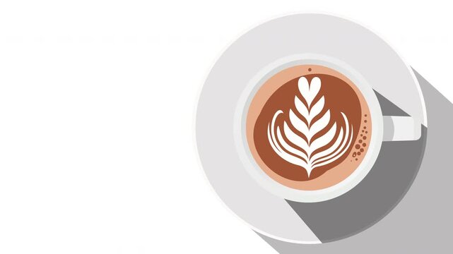 Top view coffee cup with latte art drawing itself as a leaf and heart appear on a white background with copy space