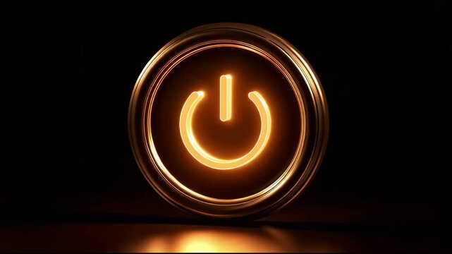 Glowing power button in a round golden frame on a black background, for technology intros, power on, launch and energy videos and presentations