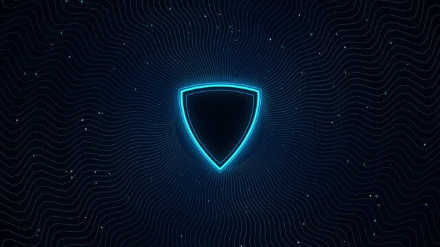 Glowing cyber shield icon with pulsing digital waves and data particles motion background