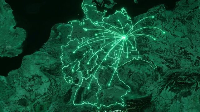 ドイツ全土の衛星地図に広がる量子通信ネットワークと境界線の光の様子