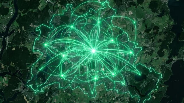 ベルリン全域の衛星地図に展開する量子通信ネットワークと区界線の光の様子