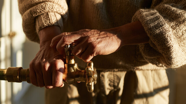 Homeowner turning brass water shutoff valve beside frozen pipe leak, wearing beige knit sweater and cotton trousers in sunlit utility room with focused hands and warm winter light