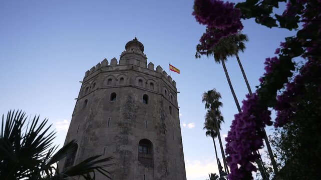 View of Torre del Oro (the Golden Tower) at sunset, Seville, Andalusia, Spain